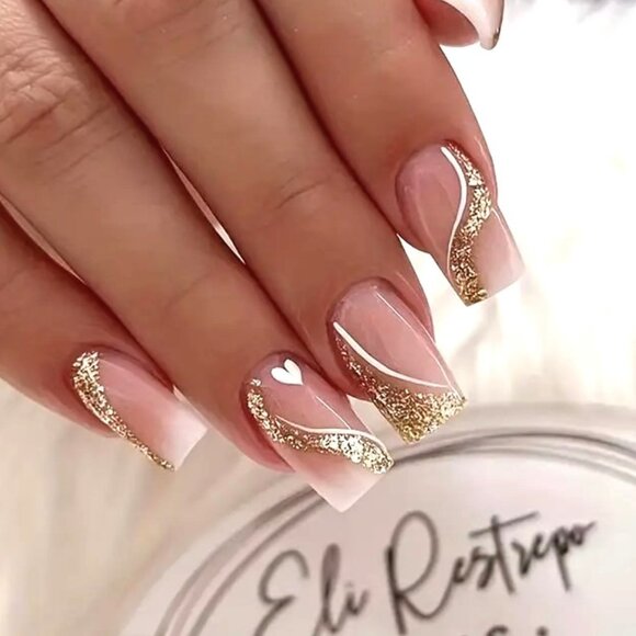 24 Pink Gold Glitter Nails Press On Swirls Kit Fake Glam Vacation Sexy - Picture 1 of 4